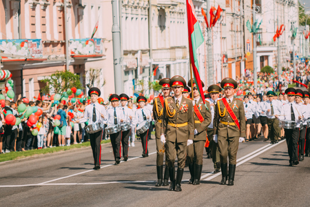 Gomel, Belarus - May 9, 2018: Military honor guard with the flag of the Republic of Belarus at the Victory Day parade on May 9 in Gomelのeditorial素材