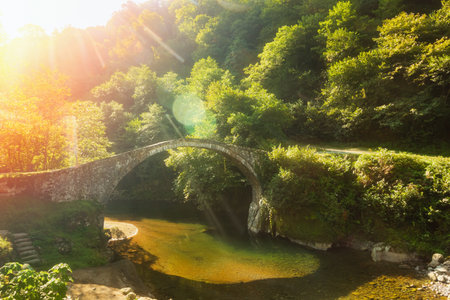 Old stone medieval Basrimele Bridge across the river in Adjaraの写真素材