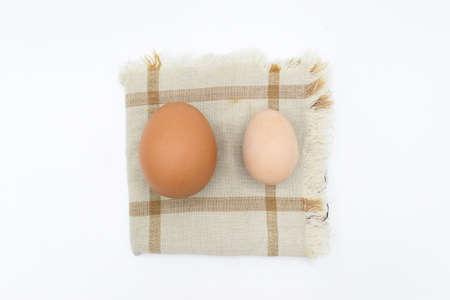 Comparing standard chicken egg and bantam egg. Isolated on white.の写真素材