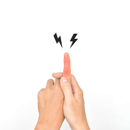 Inflammation of Asian young man pointing finger and hand. Concept of paronychia and finger problems.