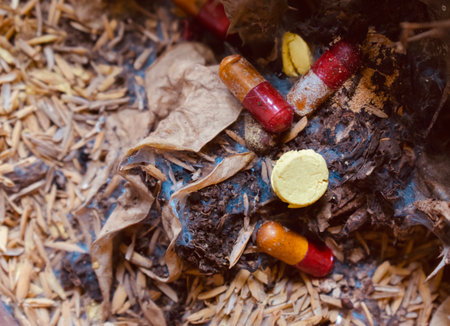Expired medicine used as fertilizer. Closeup view.