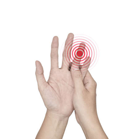 Inflammation of finger joint. Concept of arthritis or cellulitis. Isolated on white.の写真素材