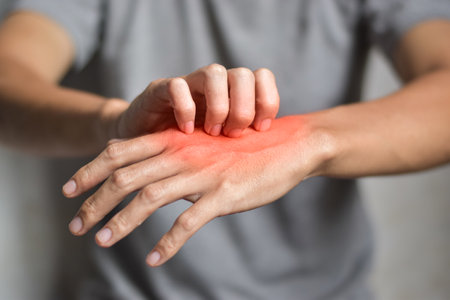 Asian young man scratching his hand. Concept of itchy skin diseases such as scabies, fungal...