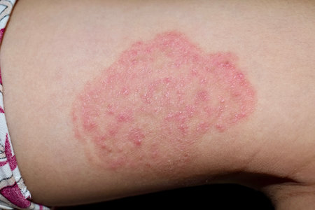Fungal infection called tinea corporis in thigh of Southeast Asian child. Ringworm