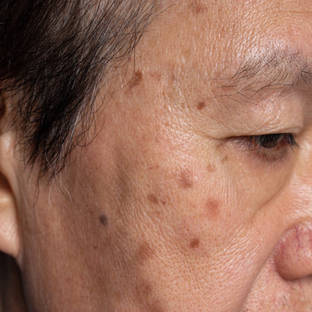 Small brown patches called age spots on face of Asian elder man. They are also called liver spots,...