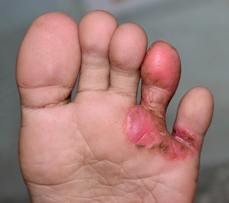 Fungal infection called tinea pedis at the foot of Asian woman. It is itching lesion.