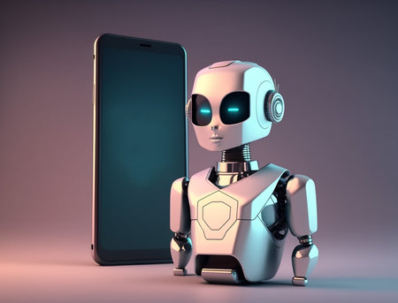 Futuristic robot beside the screen of smartphone. Concept of chatbot with artificial intelligence.の素材