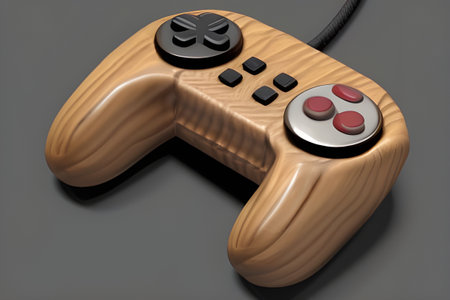 Video game controller made with wood. Isolated on gray background.の素材