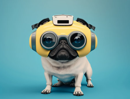 Robot pug dog wearing a VR headset and experiencing virtual reality simulation, metaverse and cyberspace. Generative AI illustration.の素材