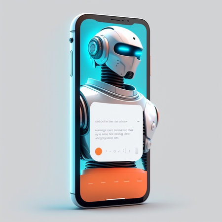 Futuristic humanoid robot in the screen of smartphone. Concept of chatbot with artificial intelligence.の素材