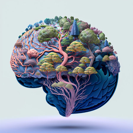 Human brain anatomy ornate with colorful trees and branches.の素材