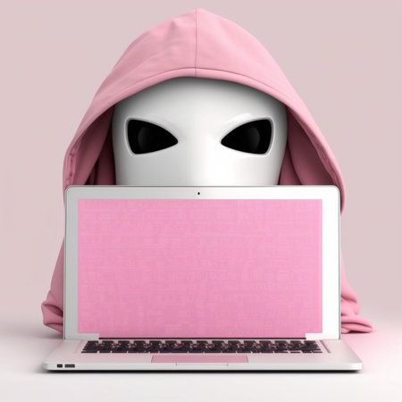 3D illustration of cute anonymous hacker with hoodie using the computer laptop. Concept of ethical hacking. Cybersecurity, Cybercrime, Cyberattack.の素材