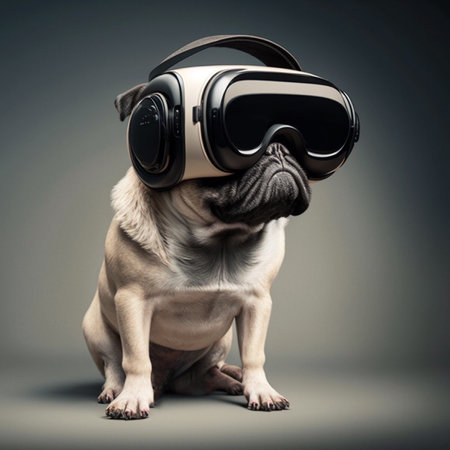 Fashionable pug dog wearing a modernized VR headset.の素材