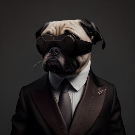 Fashionable pug dog with black suit jacket wearing a modernized VR headset.の素材