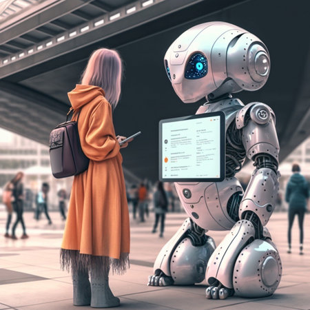 Girl and big futuristic robot with AI technology in public area. Concept of communication with the cyborg, chatbot with artificial intelligence, auto reply, voice recognition or machine learning.の素材