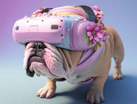 Fashionable bulldog wearing a VR headset in fairy kei style.の素材