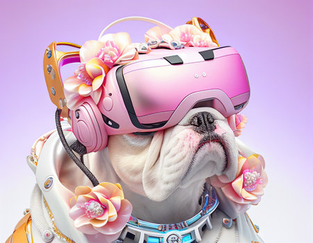 Fashionable bulldog wearing a VR headset in fairy kei style.の素材