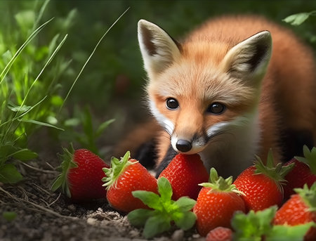 Baby fox eating strawberry fruits in the jungle. Concept and idea of animal vegan.の素材