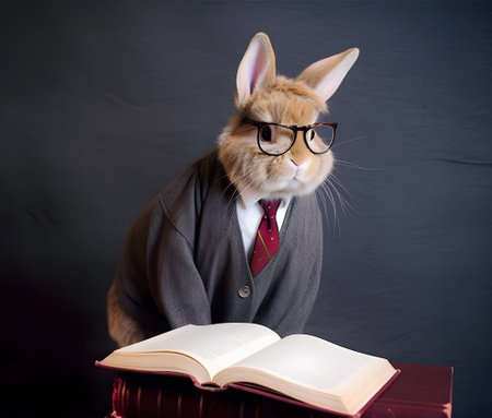 Human like rabbit with suit coat and book. Studio lightの素材
