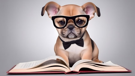 Cute PUG puppy with book about the bedtime stories.の素材