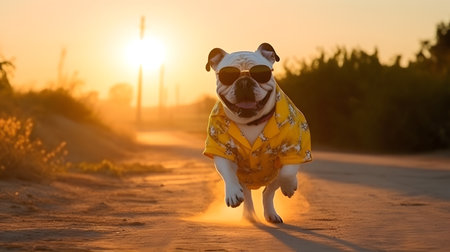 Running bulldog on the dusty street at beautiful sunset. Front view.の素材