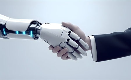 Modern robot and businessman hands in handshake. Concept and idea of AI technology development and human robot relationships.の素材