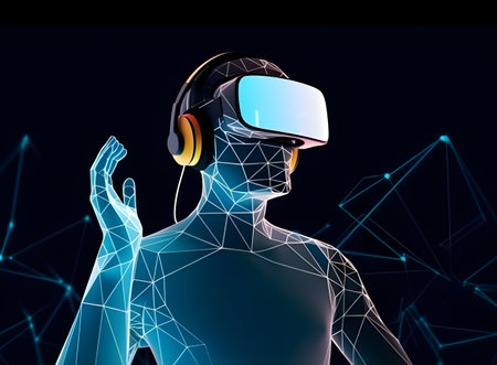 Man with a VR headset and experiencing virtual reality simulation or metaverse. Polygon shape drawing.の素材