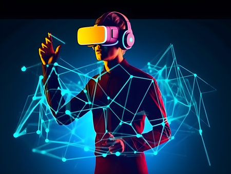Man with a VR headset and experiencing virtual reality simulation or metaverse. Polygon shape drawing.の素材