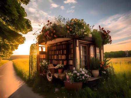 Mobile bookstore decorated with colorful flowers at sunset.の素材