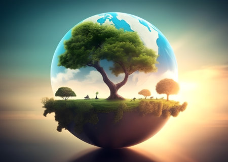 Trees on the world. Concept art of world environment day, nature day, earth day or tree day.の素材