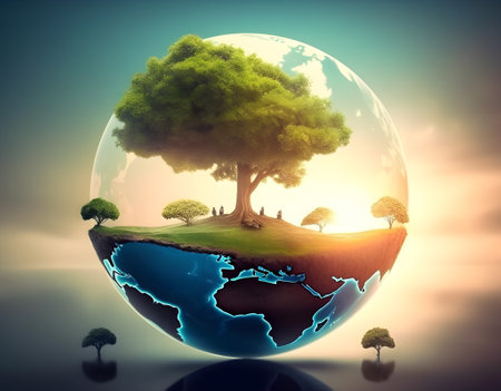 Trees on the world. Concept art of world environment day, nature day, earth day or tree day.の素材