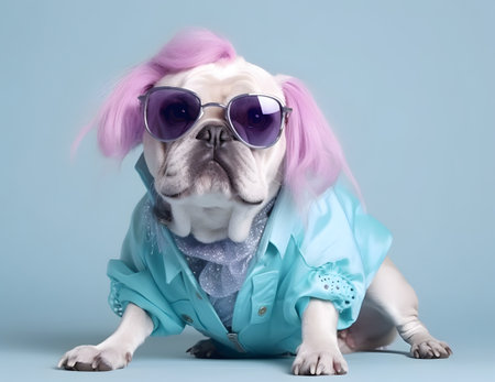 Portrait of a pug dog with the fashionable dressing, wearing eyeglassesの素材