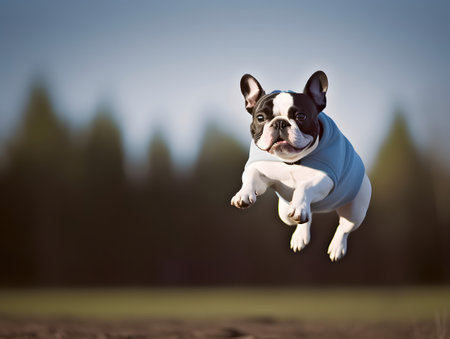 Front view of running and jumping bulldog with blue color cloth.の素材