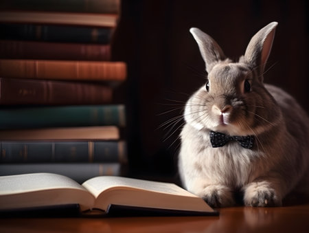 Cute rabbit with book about the bedtime stories in library.の素材