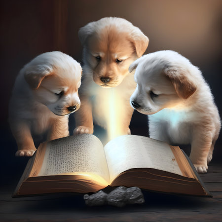 Three cute puppies reading a magic book about bedtime stories.の素材