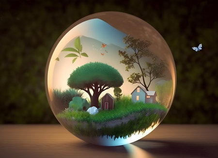 House and trees in the glass globe. Concept and idea of world environment day, nature day or earth day.の素材