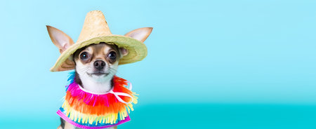 Adorable chihuahua dog with mexican sombrero hat. Cinco De Mayo fashion. Blank space to the side.の素材