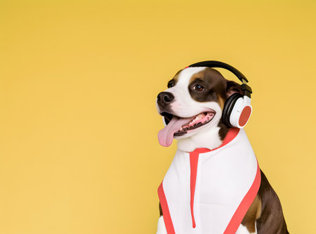 Portrait of a pet dog with the headphone and fashionable dressing.の素材