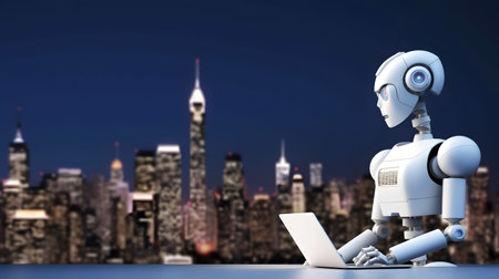 Futuristic robot using laptop with background of night city. Concept of future technology, machine learning or automation.の素材