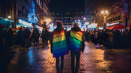 Back view of couple with rainbow colored raincoat on the road. Concept of LGBT pride, diversity of the LGBTQ community, spectrum of human sexuality and gender.の素材