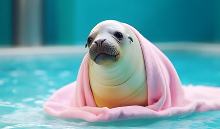 Adorable seal with towel wrapped at swimming pool.の素材