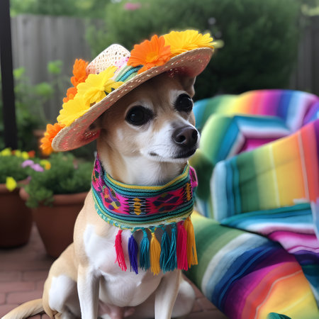 Adorable chihuahua pet dog with mexican sombrero hat. Happy Cinco De Mayo fashion.の素材