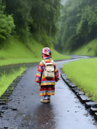 Back view of cute child with raincoat and backpack during rainy season in countryside. Concept of back to school.の素材