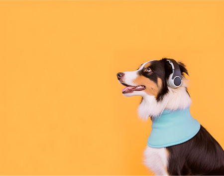 Portrait of a pet dog with the headphone and fashionable dressing.の素材