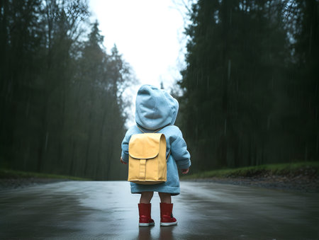 Back view of cute child with raincoat and backpack during rainy season in countryside. Concept of back to school.の素材