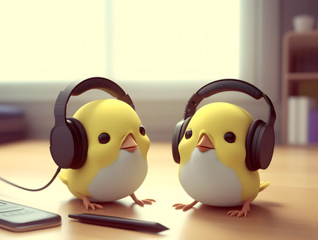 Cute and adorable yellow baby chickens with earphones in the head.の素材