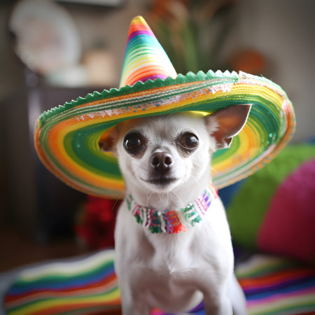 Adorable chihuahua pet dog with mexican sombrero hat. Happy Cinco De Mayo fashion.の素材