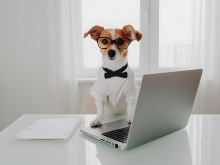 Busy jack russell terrier dog with eyeglasses. Concept and idea of hardworking pet officer.の素材