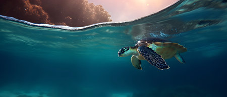 Sea turtle called marine turtle swimming in blue ocean.の素材