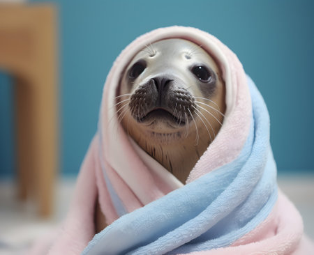 Adorable seal with towel wrapped. Pastel colored.の素材